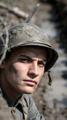Obraz premium Young male soldier in combat helmet looking serious during outdoor military training