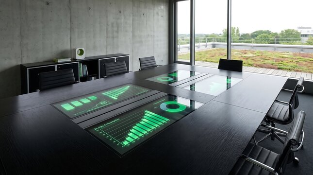 Electric vans are parked outside a modern office with a large meeting table and green interactive screens