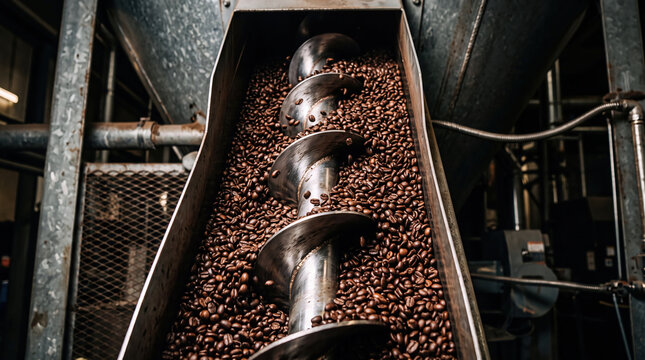 Silver auger metal coffee bean industrial roaster conveyor machine factory processing brown coffee bean moving upward through metal auger conveyor inside industrial roastery