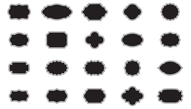 Black decorative label silhouettes and vintage frame shapes featuring retro outline badges ornate geometric borders empty tags and royal crest shield emblems vector set. 