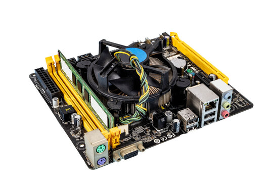 Computer Motherboard with CPU, CPU Cooler and RAM Installed Isolated on Transparent Background