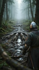 Fototapeta premium Medieval knight in armor walking through misty forest with muddy trail