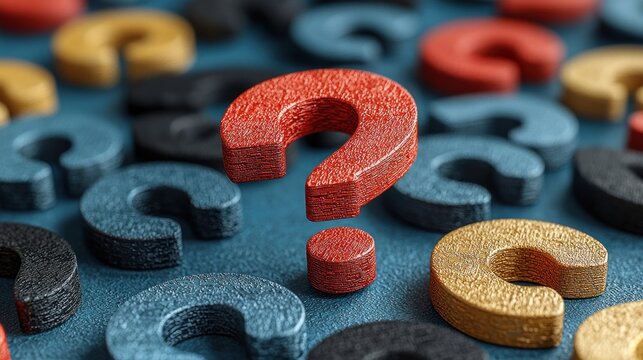 Colorful question mark objects on a blue surface