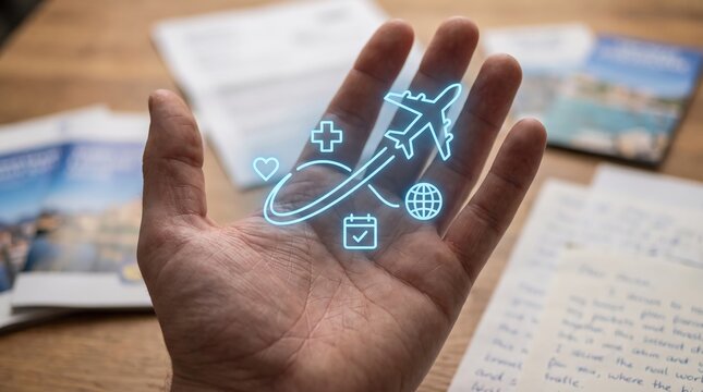Open Hand Holding Flat Holographic Airplane Travel Icon with Heart Medical Calendar Globe Symbols, Digital Innovation Concept for Travel Planning, Healthcare Support and Global Communication