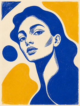 Modern blue and yellow graphic portrait with retro editorial style