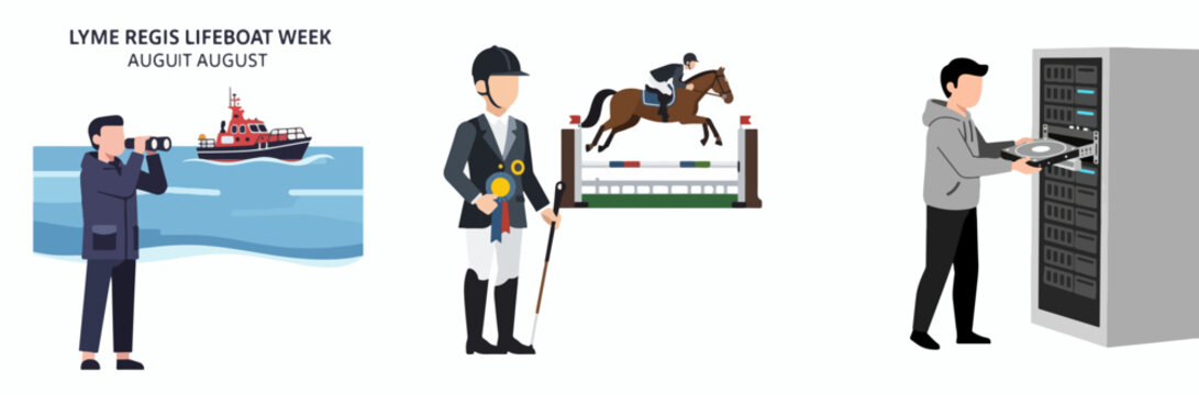 Three diverse professions illustrated: lifeboat rescue, equestrian sport, IT server maintenance