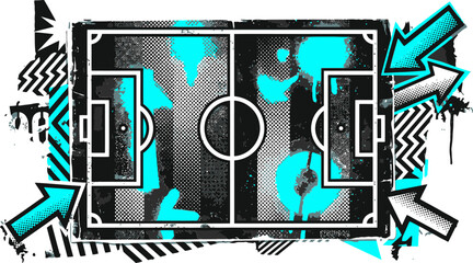 Grunge soccer field vector illustration, urban street art football pitch with spray paint splashes, cyan and black athletic background © 成 sнıηяα тєηsєı ツ