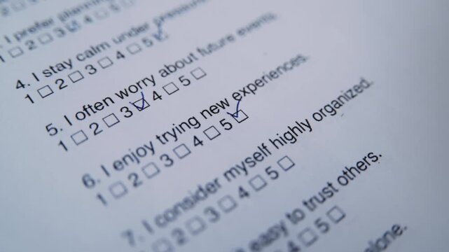 Closeup of a pen marking checkboxes on a mental health survey or psychological evaluation form