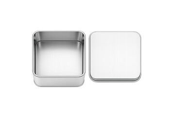 Obraz premium An open square metal tin can with a detached lid isolated on a transparent back