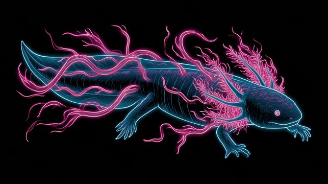 An axolotl appears in side view with bright pink and blue glowing edges on a dark background showing its fluffy gills and body