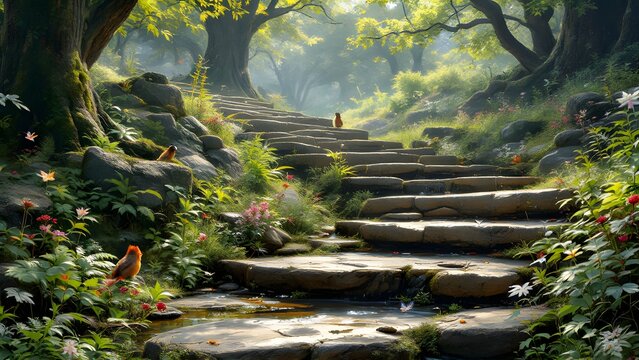 Serene forest path with stone steps and flowers
