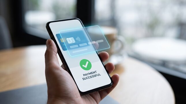 Minimal Hologram Credit Card Payment on Smartphone with Green Checkmark, Digital Wallet, Contactless Transaction, FinTech Security Concepts