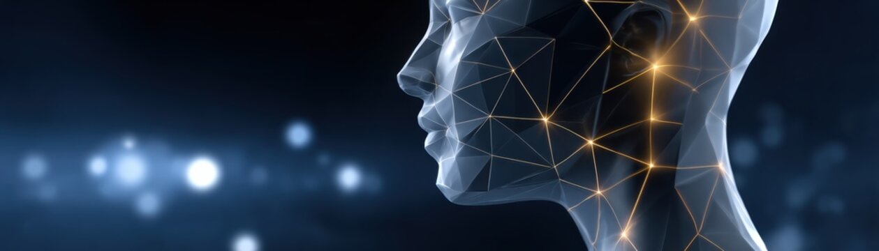 A digital human face composed of geometric lines and glowing network nodes, symbolizing artificial intelligence and futuristic technology.