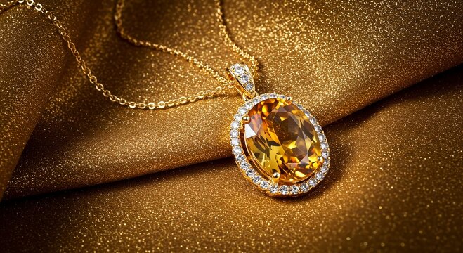 A stunning oval cut citrine gemstone pendant necklace adorned with diamonds on a golden shimmering fabric background