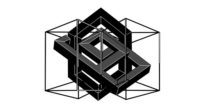 Abstract impossible geometric shape with wireframe cube