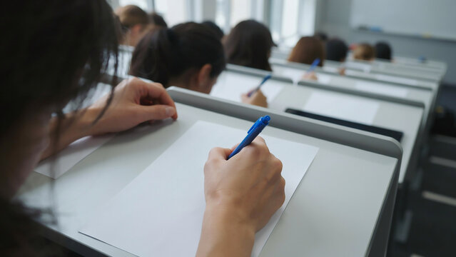 Student writing on exam paper in university classroom lecture hall