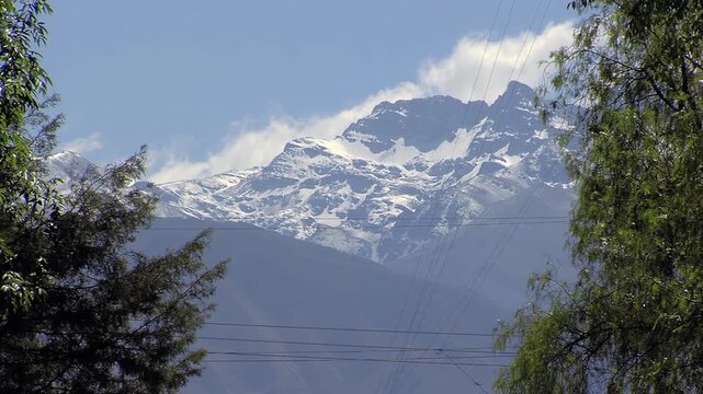 Scenic View of Snowy Andes Mountain Range Framed by Trees in La Paz Bolivia - 4K