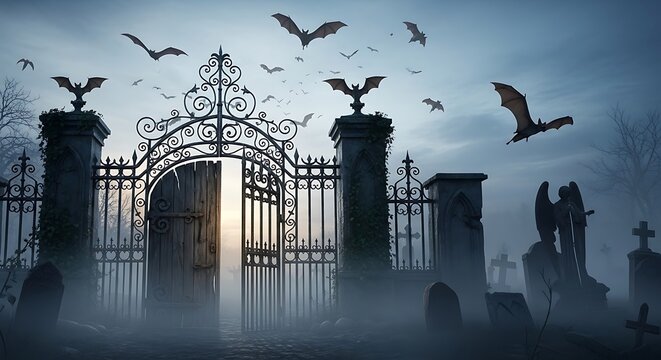 Gothic wrought iron gate with bats flying at dusk