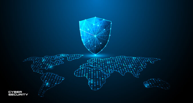 Global Cyber Security Technology Background with Digital Shield and World Network Map for worldwide data protection, network security, cyber defense, digital infrastructure, internet safety
