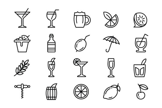 A collection of line art icons for drinks and cocktails  various beverage symbols