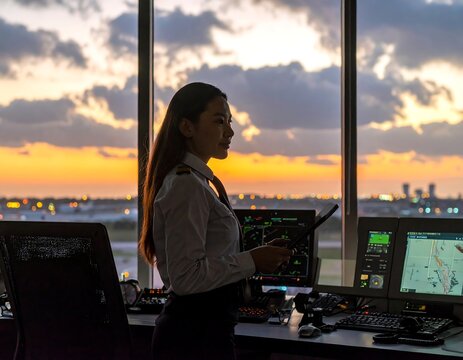 A female professional interacts with a tablet in a control room with multiple screens displaying flight information, overlooking an airport runway at sunset