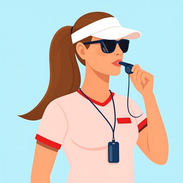 A female referee in a white visor and sunglasses blows a whistle