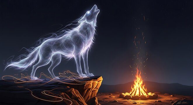 Mystical glowing wolf howling at a campfire under dark night sky