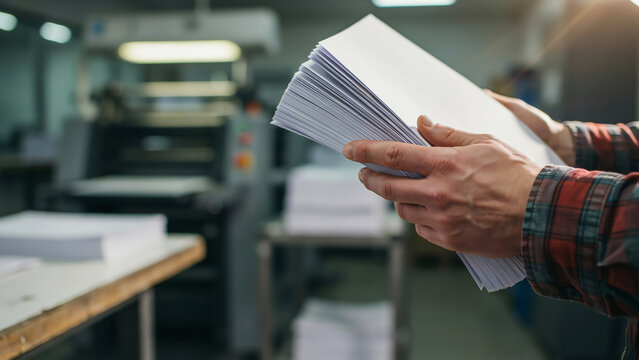 Hands holding big stack of white paper in printing house