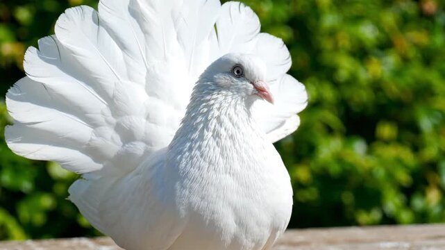 Elegant White Fantail Dove bird with fanned tail, close-up portrait, nature background