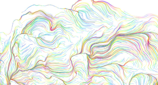 Vibrant abstract pattern of colorful swirling lines flowing across a clean white background