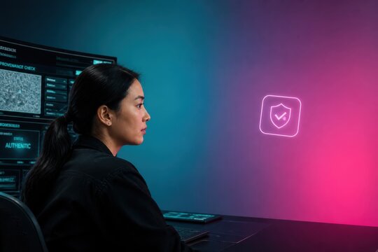 Cybersecurity analyst verifying digital identity on a neon lit monitoring screen