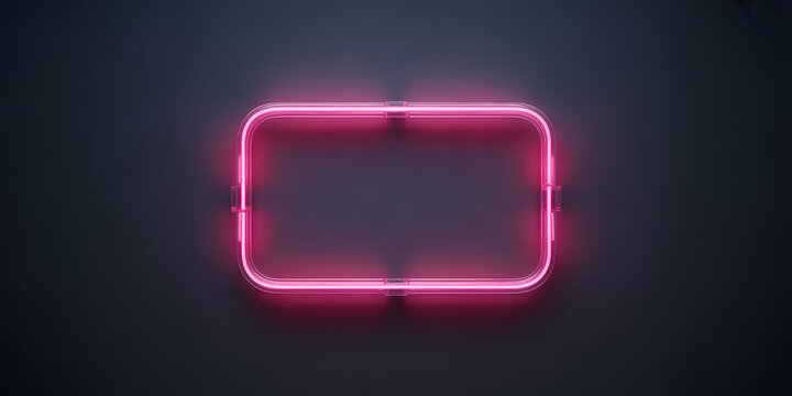 Pink neon frame glowing on dark wall background with rectangle light tube copy space design.