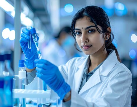 A female scientist in a lab coat and gloves examines a test tube