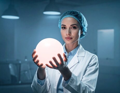 A female scientist in a lab coat and hairnet holds a glowing orb
