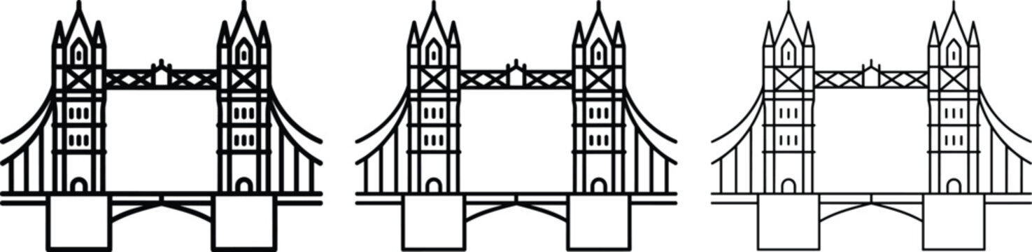 London Tower Bridge Line Art Icon Set Vector Illustration Isolated on White Background