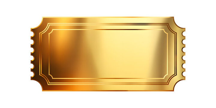 Golden luxury ticket template with ornate borders and metallic sheen on transparent grid.