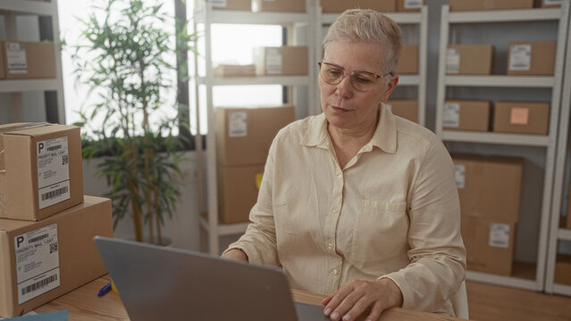 Woman with short hair and glasses typing on laptop beside stacked shipping parcels and cardboard boxes on wooden table in building; small business focus.