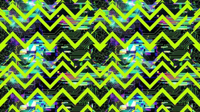 Neon Acid Lime Chevron and Holographic Glitch Hybrid Seamless Pattern
