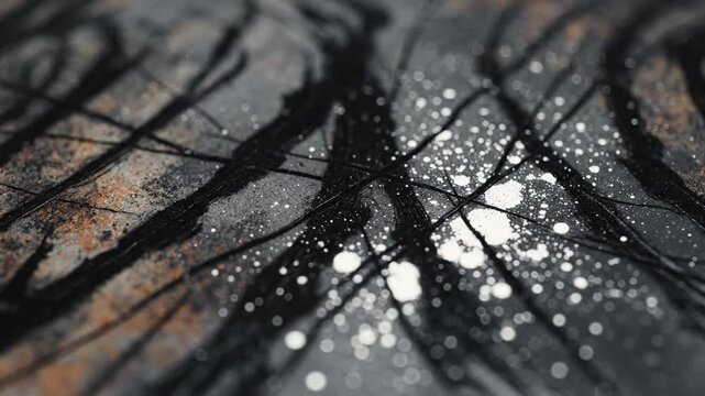 Dark ink lines spreading across a weathered metal surface with white paint splatters and rust