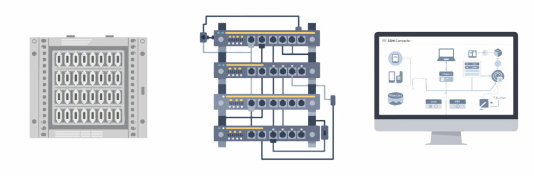 Modern Data Center Network Switch Rack and SDN Controller Interface Diagram