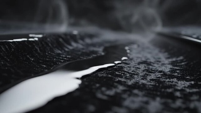 Dark liquid flowing through a textured black channel with rising steam and dramatic lighting