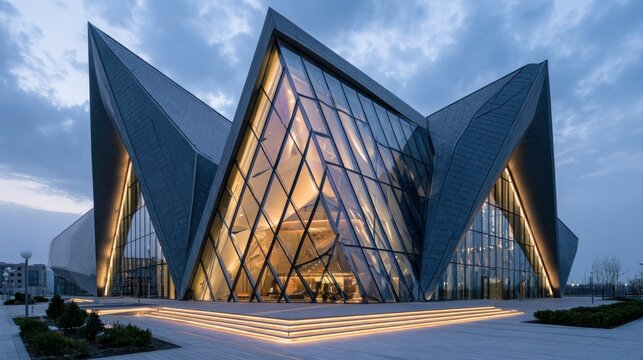 A modern, geometrically designed building with large glass windows and a unique triangular roof, illuminated by warm lighting, set against a dark blue sky with scattered clouds.