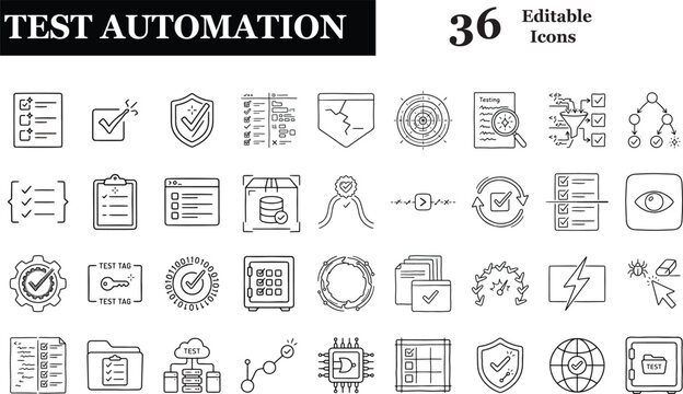 Test Automation Black Outline Icon Set - Vector Line Art Code Testing Quality Assurance Software Development and QA Engineering Interface Assets