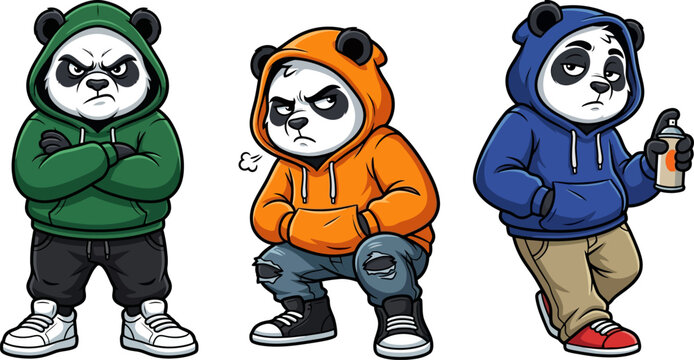 Angry Panda Streetwear Cartoon Character Bundle Wearing Hoodies, Sneakers And Urban Fashion Mascot Vector Illustration Collection