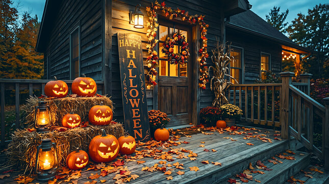 Halloween decorated house with jack-o-lanterns on the porch design for Halloween. Ai Generated