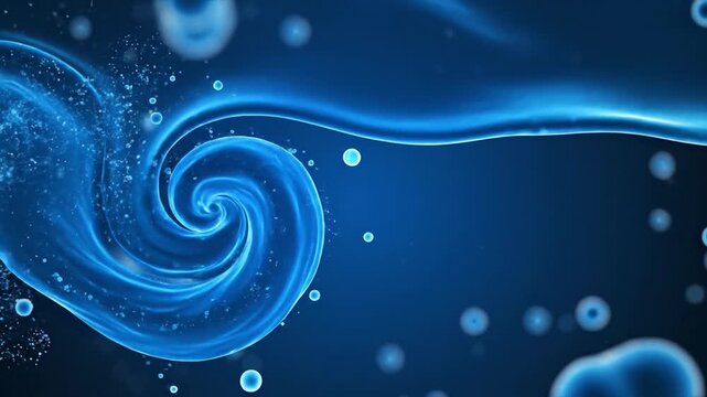 Deep blue fluid movement with soft focus organic shapes and bubbles for medical copy space