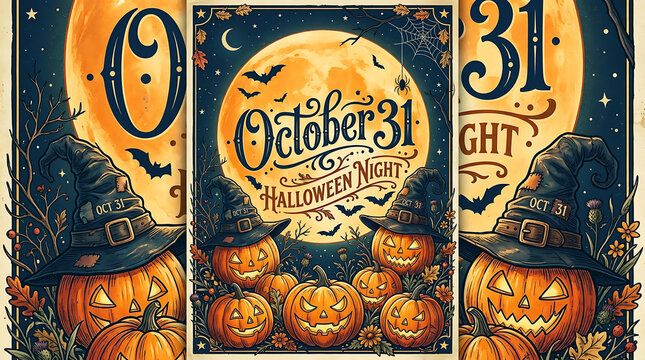 Halloween pumpkins with witch hats on October 31 night design for Halloween. Ai Generated