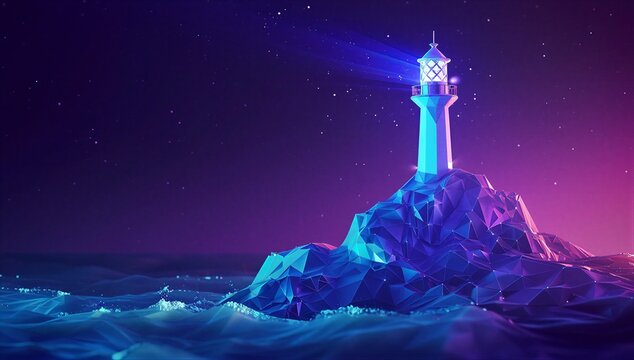 Neon lighthouse on a low poly island above a glowing sea, symbolizing data flow, binary code, and code guidance in a digital world.