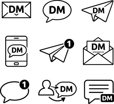 Line style DM symbols featuring chat bubbles, mail envelopes, smartphone, paper planes and notifications