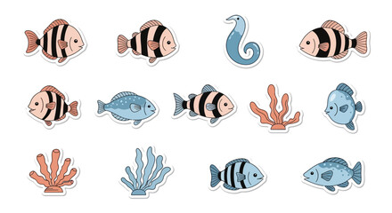 Cute cartoon fish and sea creatures sticker set © Putiagna